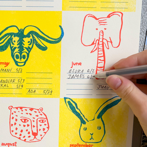 Birthday Tracker Calendar Illustrated Risograph Print
