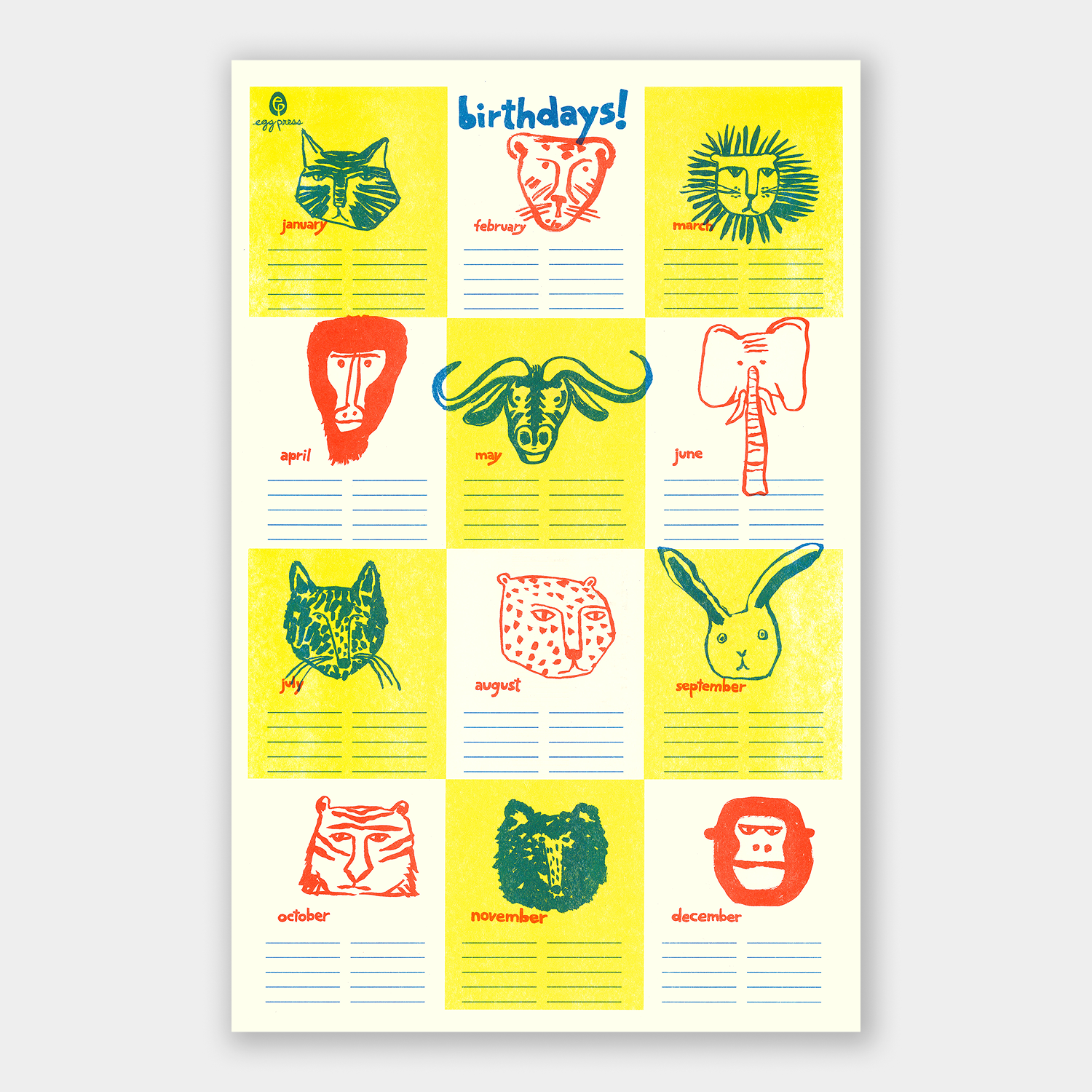 Birthday Tracker Calendar Illustrated Risograph Print
