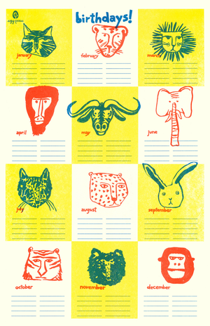 Birthday Tracker Calendar Illustrated Risograph Print