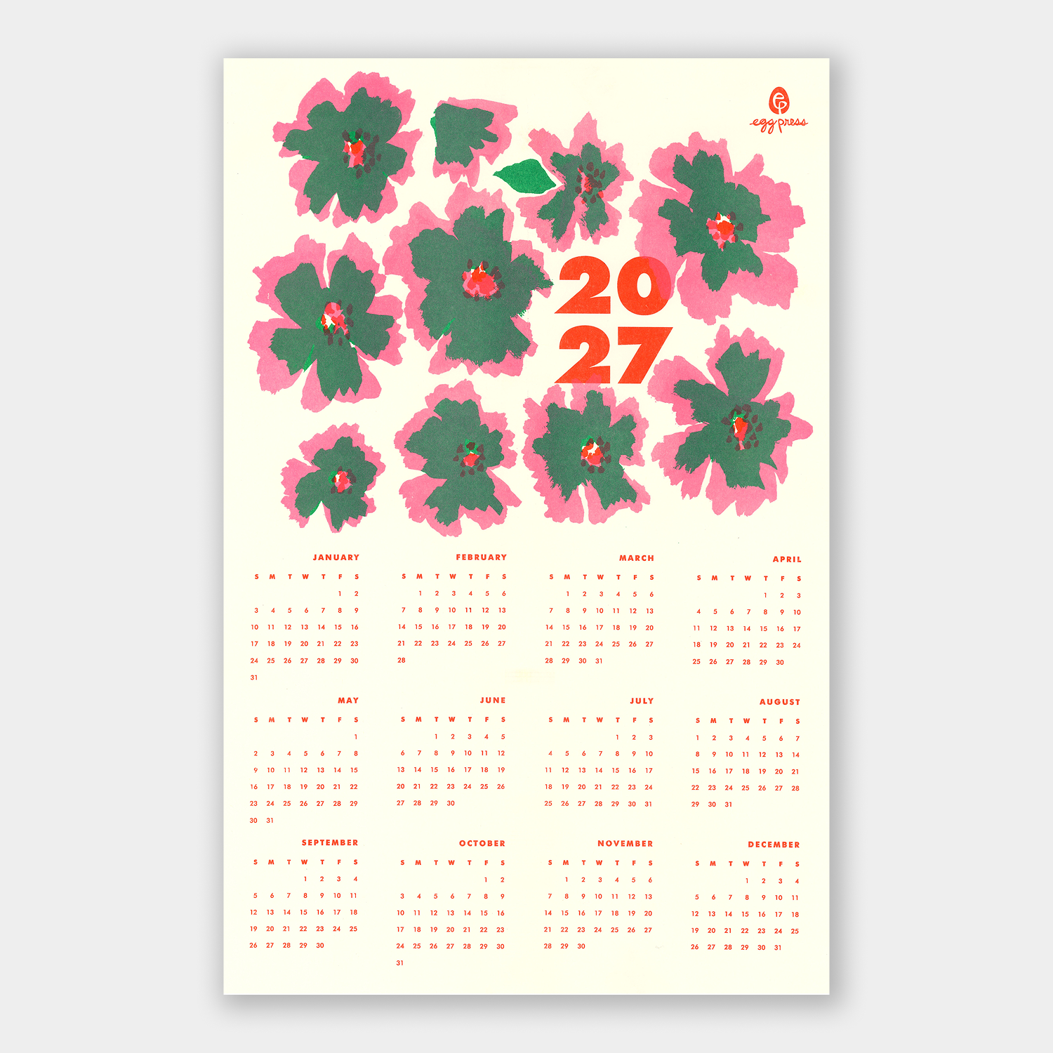 Flowers 2027 Calendar Illustrated Risograph Print