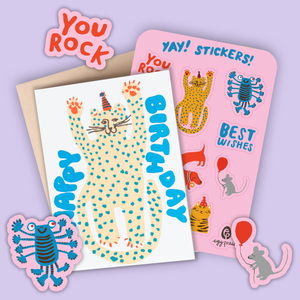 Party Cheetah Birthday Card & Sticker Sheet Set