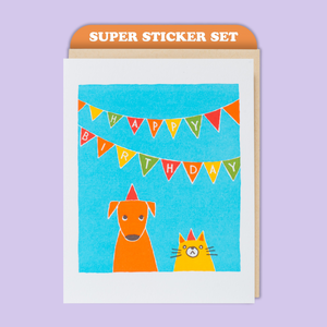 Cat & Dog Birthday Card & Sticker Sheet Set