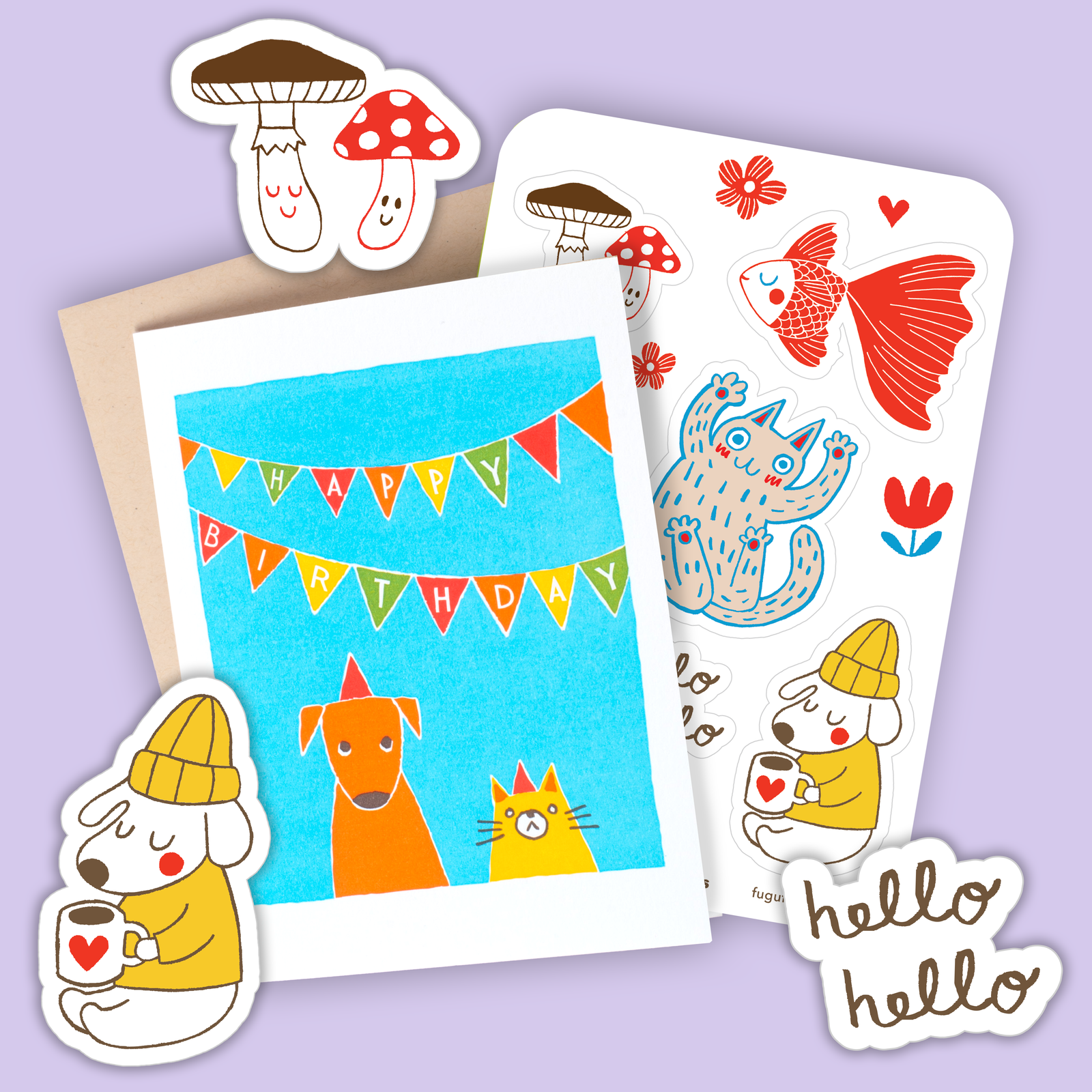 Cat & Dog Birthday Card & Sticker Sheet Set