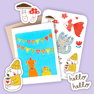 Cat & Dog Birthday Card & Sticker Sheet Set