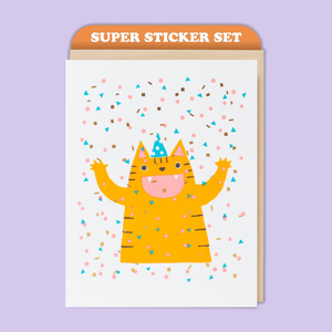 Cat Confetti Birthday Card & Sticker Sheet Set
