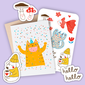 Cat Confetti Birthday Card & Sticker Sheet Set